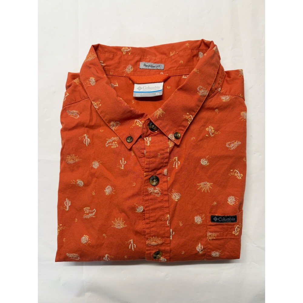 Columbia Mens XL Orange Cactus Desert Print Short Sleeve Button Down Shirt